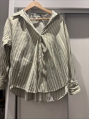 Zara Olive and White Striped Button-Down Shirt